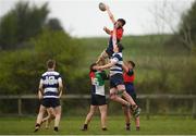 17 April 2019; James McGivern of Midlands contests a line out with Cian McCann of North Midlands during the U18 Bank of Ireland Leinster Rugby Shane Horgan Cup - Final Round match between North Midlands and Midlands at Cill Dara RFC in Dunmurray West, Kildare. Photo by Eóin Noonan/Sportsfile