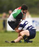 17 April 2019; Ben Smullen of Midlands is tackled by Kevin Commance of North Midlands during the U18 Bank of Ireland Leinster Rugby Shane Horgan Cup - Final Round match between North Midlands and Midlands at Cill Dara RFC in Dunmurray West, Kildare. Photo by Eóin Noonan/Sportsfile