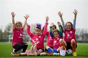 18 April 2019; Aviva Soccer Sisters Camps kicked off on Monday, April 15 in venues nationwide across the Easter holidays for girls aged 6-14, with over 5,317 registrations so far. Participating clubs will be given the opportunity to play in Aviva Stadium at the Aviva Dream Camp on May 29. All clubs will be entered into a draw to be held on Aviva Ireland social media channels on April 29. See Aviva Ireland social channels and #SafeToDream to find out more. Participants, from left, Sally O'Halloran, age 6, Shauna Joyce, age 8, Keris Uzell, age 7, Penny Roche, age 7, and Sarah McGilligan, age 8, during the Aviva Soccer Sisters Camp at Irishtown Centre in Ringsend, Dublin. Photo by Stephen McCarthy/Sportsfile