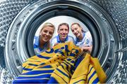 18 April 2019; Grace Walsh of Tullaroan GAA Club, Kilkenny, left, Trevor Giles of Skyrne GAA Club, Meath, and Lauren Magee of Kilmacud Crokes GAA Club, Dublin, right, at the launch of the Beko Club Bua programme 2019, the quality mark for Leinster GAA clubs. For more information visit leinstergaa.ie/club-bua/. Photo by Stephen McCarthy/Sportsfile