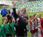 19 April 2019; The President of Ireland Michael D Higgins and his wife Sabina along with players from Cliftonville FC and Linfield FC girls under 9 teams during his visit to the Irish Football Association headquarters  at the National Football Stadium in Windsor Park, Belfast. Photo by Oliver McVeigh/Sportsfile
