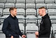 19 April 2019; Former Bohemians goalkeeper Shane Supple, left, with current Bohemians goalkeeper James Talbot prior to the SSE Airtricity League Premier Division match between Bohemians and UCD at Dalymount Park in Dublin. Photo by Seb Daly/Sportsfile