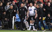 19 April 2019; Brian Gartland of Dundalk, centre, leaves the pitch after receiving a head injury with assistance from Dundalk head coach Vinny Perth, second from left, and physiotherapist Danny Miller during the SSE Airtricity League Premier Division match between Dundalk and Finn Harps at Oriel Park in Dundalk, Co. Louth. Photo by Ben McShane/Sportsfile
