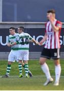 19 April 2019; Aaron Greene is congratulated by his Shamrock Rovers team-mate Aaron McEneff, right, after scoring his side's first goal during the SSE Airtricity League Premier Division match between Derry City and Shamrock Rovers at the Ryan McBride Brandywell Stadium in Derry. Photo by Stephen McCarthy/Sportsfile