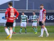 19 April 2019; Aaron Greene is congratulated by his Shamrock Rovers team-mate Aaron McEneff, right, after scoring his side's first goal during the SSE Airtricity League Premier Division match between Derry City and Shamrock Rovers at the Ryan McBride Brandywell Stadium in Derry. Photo by Stephen McCarthy/Sportsfile