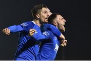 19 April 2019; Shane Duggan, right, of Waterford celebrates after scoring his side's first goal with team-mates Zack Elbouzedi and JJ Lunney during the SSE Airtricity League Premier Division match between Waterford and Cork City at the RSC in Waterford. Photo by Matt Browne/Sportsfile