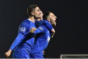 19 April 2019; Shane Duggan, right, of Waterford celebrates after scoring his side's first goal with team-mates Zack Elbouzedi and JJ Lunney during the SSE Airtricity League Premier Division match between Waterford and Cork City at the RSC in Waterford. Photo by Matt Browne/Sportsfile