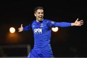 19 April 2019; Zack Elbouzedi of Waterford celebrates after scoring his side's second goal during the SSE Airtricity League Premier Division match between Waterford and Cork City at the RSC in Waterford. Photo by Matt Browne/Sportsfile