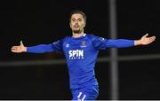 19 April 2019; Zack Elbouzedi of Waterford celebrates after scoring his side's second goal during the SSE Airtricity League Premier Division match between Waterford and Cork City at the RSC in Waterford. Photo by Matt Browne/Sportsfile