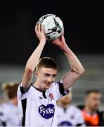 19 April 2019; Daniel Kelly of Dundalk holds up the ball after scoring a hat-trick and winning the Man of the Match following the SSE Airtricity League Premier Division match between Dundalk and Finn Harps at Oriel Park in Dundalk, Co. Louth. Photo by Ben McShane/Sportsfile