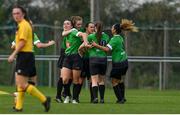 20 April 2019; Áine O'Gorman of Peamount United, centre, celebrates with team-mates after scoring their side’s first goal during the Só Hotels Women's National League match between Peamount United and Shelbourne at Greenogue in Rathcoole, Dublin. Photo by Sam Barnes/Sportsfile