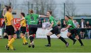 20 April 2019; Karen Duggan of Peamount United, centre, celebrates after scoring their side’s second goal with team-mates during the Só Hotels Women's National League match between Peamount United and Shelbourne at Greenogue in Rathcoole, Dublin. Photo by Sam Barnes/Sportsfile