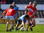 21 April 2019; Niamh McEvoy of Dublin in action against Ashling Hutchings, left, and Hannah Looney of Cork during the Lidl NFL Division 1 semi-final match between Cork and Dublin at the Nowlan Park in Kilkenny. Photo by Piaras Ó Mídheach/Sportsfile