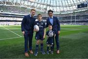 21 April 2019; Matchday mascots 6 year old Danny Murphy and 12 year old Ollie Crowley with Ciarán Frawley and Joe Tomane at the Heineken Champions Cup Semi-Final match between Leinster and Toulouse at the Aviva Stadium in Dublin. Photo by Brendan Moran/Sportsfile