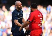 21 April 2019; Scott Fardy of Leinster shakes hands with Charlie Faumuina of Toulouse after the Heineken Champions Cup Semi-Final match between Leinster and Toulouse at the Aviva Stadium in Dublin. Photo by Brendan Moran/Sportsfile
