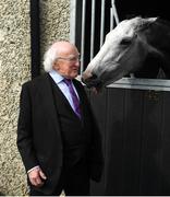 22 April 2019; President of Ireland Michael D. Higgins meets Whisper In The Breeze, a horse trained by Jessica Harrington, during the Fairyhouse Easter Festival - Irish Grand National day at Fairyhouse Racecourse in Ratoath, Meath. Photo by David Fitzgerald/Sportsfile