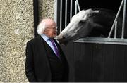 22 April 2019; President of Ireland Michael D. Higgins meets Whisper In The Breeze, a horse trained by Jessica Harrington, during the Fairyhouse Easter Festival - Irish Grand National day at Fairyhouse Racecourse in Ratoath, Meath. Photo by David Fitzgerald/Sportsfile