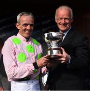 22 April 2019; Ruby Walsh and winning trainer Willie Mullins with the trophy after winning the Boylesports Irish Grand National Steeplechase during the Fairyhouse Easter Festival - Irish Grand National day at Fairyhouse Racecourse in Ratoath, Meath. Photo by David Fitzgerald/Sportsfile