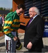 22 April 2019; President of Ireland Michael D. Higgins with last years Grand National winner JJ Slevin prior to the Boylesports Irish Grand National Steeplechase during the Fairyhouse Easter Festival - Irish Grand National day at Fairyhouse Racecourse in Ratoath, Meath. Photo by David Fitzgerald/Sportsfile