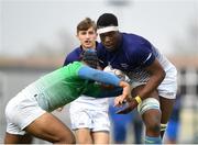 17 April 2019; Frank Salu of Metropolitan is tackled by Sean Kelly of South East during the U18 Bank of Ireland Leinster Rugby Shane Horgan Cup - Final Round match between South East and Metropolitan at IT Carlow in Moanacurragh, Carlow. Photo by Harry Murphy/Sportsfile