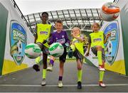 24 April 2019; Republic of Ireland mens national team manager Mick McCarthy, and Republic of Ireland Womens national team manager Colin Bell were on hand at the Aviva Stadium today to launch the 2019 SportsDirect.com FAI Summer Soccer Schools programme. The SportsDirect.com Summer Soccer Schools programme is the FAI’s largest grass roots programme and one of the most important as it encourages children’s involvement in sport, in a fun and friendly environment. Camps begin on July 1st and run right through to August 23rd, and are priced at €70. Pictured at the launch are, from left, Murphy Alade, age 11, Irishtown, Dublin, Jamie Stafford Doyle, age 10, from Rosslare, Co. Wexford, and sisters Sarah Carberry, age 7, and Nicole Carberry, age 10, from Athlone, Co. Roscommon, at the Aviva Stadium in Dublin. Photo by Seb Daly/Sportsfile