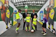 24 April 2019; Republic of Ireland mens national team manager Mick McCarthy, and Republic of Ireland Womens national team manager Colin Bell were on hand at the Aviva Stadium today to launch the 2019 SportsDirect.com FAI Summer Soccer Schools programme. The SportsDirect.com Summer Soccer Schools programme is the FAI’s largest grass roots programme and one of the most important as it encourages children’s involvement in sport, in a fun and friendly environment. Camps begin on July 1st and run right through to August 23rd, and are priced at €70. Pictured at the launch are, from left, Murphy Alade, age 11, from Irishtown, Dublin, Republic of Ireland mens national team manager Mick McCarthy, sisters Nicole Carberry, age 10, and Sarah Carberry, age 7, from Athlone, Co. Roscommon, Republic of Ireland womens national team manager Colin Bell, and Jamie Stafford Doyle, age 10, from Rosslare, Co. Wexford, at the Aviva Stadium in Dublin. Photo by Seb Daly/Sportsfile