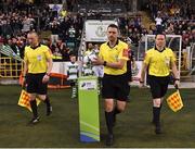 23 April 2019; Referee Paul McLaughlin, centre, leads out the teams prior to the SSE Airtricity League Premier Division match between Shamrock Rovers at Bohemians at Tallaght Stadium in Dublin. Photo by Seb Daly/Sportsfile