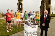 24 April 2019; Ulster GAA President Oliver Galligan along with from left, Darren O'Hagan of Down, Rory Grugan of Armagh, Neil Delargy of Antrim, Mattie Donnelly of  Tyrone, Ciaran Corrrigan of Fermanagh, Ciaran Brady of Cavan, Eamon Doherty of Donegal, and Conor McManus of Monaghan during the official launch of the 2019 Ulster Senior Football Championship launch at the Hill of The O'Neill in Dungannon, Co Tyrone. Photo by Oliver McVeigh/Sportsfile