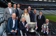 25 April 2019; Sky Sports today announced its GAA fixtures for the 2019 Championship from an event in Croke Park. A total of 20 live, and 14 exclusive, fixtures of Championship action will be available on Sky’s multi-platform offering throughout the season. Sky Sports’ exclusive coverage gets underway on Saturday May 11th when Brian Cody’s Kilkenny take on Mattie Kenny’s Dublin in the opening round of the Leinster Senior Hurling Championship in Nowlan Park. Kerry legend and four-time All-Ireland champion Kieran Donaghy joins Sky’s blockbuster line-up of GAA legends giving viewers a truly modern view of the modern game. This year will once again see insight and analysis across both codes from Tyrone hero Peter Canavan, former Dublin GAA star Senan Connell, Clare’s two-time All-Ireland champion Jamesie O’Connor, Kilkenny’s nine-time All-Ireland winner JJ Delaney and four-time All-Star defender Ollie Canning. Lead commentary will come from Dave McIntyre and Mike Finnerty with co-commentary from Nicky English, Mick Fennelly, Dick Clerkin and Paul Earley, and sideline reporting from Damian Lawlor. In attendance at launch are, clockwise from back left, Brian Carney, Ollie Canning, JJ Delaney, Rachel Wyse, Uachtaráin Cumann Lúthchleas Gael John Horan, Kieran Donaghy, Senan Connell, Jamesie O'Connor, JD Buckley, MD, Sky Ireland and Peter Canavan. Photo by Brendan Moran/Sportsfile