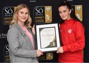 25 April 2019; Rachel Lea Stuart Business Development Executive with So Hotels presents Alex Kavanagh from Shelbourne Ladies F.C. with her So Hotels Women's National League Player of the Month Award for March, at the Football Association of Ireland Headquarters in Abbotstown, Dublin. Photo by Matt Browne/Sportsfile