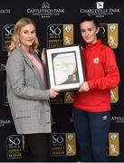 25 April 2019; Rachel Lea Stuart Business Development Executive with So Hotels presents Alex Kavanagh from Shelbourne Ladies F.C. with her So Hotels Women's National League Player of the Month Award for March, at the Football Association of Ireland Headquarters in Abbotstown, Dublin. Photo by Matt Browne/Sportsfile