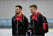 26 April 2019; Patrick McEleney, left, and Patrick Hoban of Dundalk arrive prior to the SSE Airtricity League Premier Division match between Dundalk and Shamrock Rovers at Oriel Park in Dundalk, Louth. Photo by Seb Daly/Sportsfile