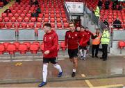 26 April 2019; Conor McDermott leads the Derry City players out for the warm up prior to the SSE Airtricity League Premier Division match between Derry City and Cork City at the Ryan McBride Brandywell Stadium in Derry. Photo by Oliver McVeigh/Sportsfile