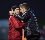 26 April 2019; Cork City manager John Caulfield and Derry City Manager Declan Devine at the final whistle the SSE Airtricity League Premier Division match between Derry City and Cork City at the Ryan McBride Brandywell Stadium in Derry. Photo by Oliver McVeigh/Sportsfile