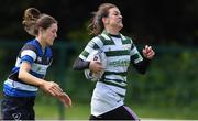 27 April 2019; Clare Looney of Greystones RFC runs past Chloe Eggers of Wanderers FC on her way to scoring her side's first try during the Bank of Ireland Paul Cusack Plate Final match between Greystones RFC and Wanderers FC at Bective Rangers RFC at Energia Park in Dublin. Photo by Piaras Ó Mídheach/Sportsfile