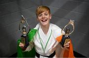 27 April 2019; Charlie Keogh of Ireland celebrates with his two first place awards during the I-Karate 3rd World Cup at DCU in Dublin. Photo by David Fitzgerald/Sportsfile