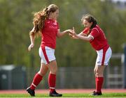 27 April 2019; Muireann Devaney of Sligo Rovers celebrates after scoring her side's first goal with team-mate Alva Munnelly during the Women's National U-17 League match between Sligo Rovers and Donegal League at Sligo IT, Sligo. Photo by Harry Murphy/Sportsfile