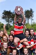 27 April 2019; Wicklow RFC captain Amy O'Neill is held aloft by her team-mates after winning the Bank of Ireland Paul Flood Plate Final match between Clondalkin RFC and Wicklow RFC at Bective Rangers RFC at Energia Park in Dublin. Photo by Piaras Ó Mídheach/Sportsfile