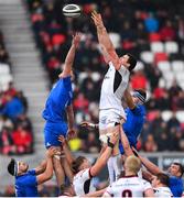 27 April 2019; Ian Nagle of Ulster wins possession of a lineout against Oisín Dowling, left, and Josh Murphy of Leinster during the Guinness PRO14 Round 21 match between Ulster and Leinster at the Kingspan Stadium in Belfast. Photo by Ramsey Cardy/Sportsfile
