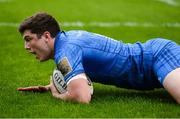 27 April 2019; Jimmy O'Brien of Leinster goes over to score his side's first try during the Guinness PRO14 Round 21 match between Ulster and Leinster at the Kingspan Stadium in Belfast. Photo by Oliver McVeigh/Sportsfile