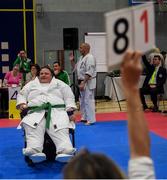 27 April 2019; Helen Martins of Ireland looks on as the judges show their scores during the I-Karate 3rd World Cup at DCU in Dublin. Photo by David Fitzgerald/Sportsfile