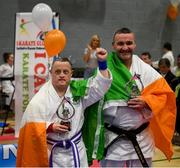 27 April 2019; Darren Kidd of Ireland celebrates his third prize award with coach Jason McGoldrick during the I-Karate 3rd World Cup at DCU in Dublin. Photo by David Fitzgerald/Sportsfile