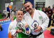 27 April 2019; Darren Kidd of Ireland celebrates his third prize award with coach Jason McGoldrick during the I-Karate 3rd World Cup at DCU in Dublin. Photo by David Fitzgerald/Sportsfile