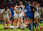 27 April 2019; David Busby, left, and Jack Owens of Ulster celebrate following the Guinness PRO14 Round 21 match between Ulster and Leinster at the Kingspan Stadium in Belfast. Photo by Ramsey Cardy/Sportsfile