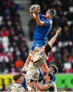 27 April 2019; Josh Murphy of Leinster wins possession in the lineout Ian Nagle of Ulster during the Guinness PRO14 Round 21 match between Ulster and Leinster at the Kingspan Stadium in Belfast. Photo by Ramsey Cardy/Sportsfile
