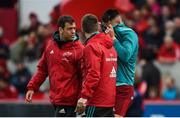 27 April 2019; Conor Murray of Munster leaves the field with Munster head coach Johann van Graan, left, and Munster lead physiotherapist Damien Mordan prior to the Guinness PRO14 Round 21 match between Munster and Connacht at Thomond Park in Limerick. Photo by Diarmuid Greene/Sportsfile