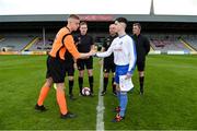 27 April 2019; St. Kevin's Boys captain Killian Philips, left, and Blarney United captain Zack McCarthy shake hands ahead of the game. FAI Under-17 Cup Final match between St Kevin’s Boys and Blarney United at Dalymount Park in Dublin. Photo by Barry Cregg/Sportsfile