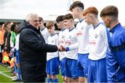 27 April 2019; FAI Vice President Noel Fitzroy shakes hands with Blarney United players ahead of the game. FAI Under-17 Cup Final match between St Kevin’s Boys and Blarney United at Dalymount Park in Dublin. Photo by Barry Cregg/Sportsfile