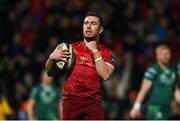 27 April 2019; JJ Hanrahan of Munster celebrates after scoring his side's third try during the Guinness PRO14 Round 21 match between Munster and Connacht at Thomond Park in Limerick. Photo by Diarmuid Greene/Sportsfile