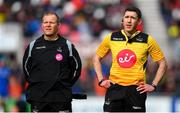 27 April 2019; Referee George Clancy, right, and assistant referee Eddie Hogan-O’Connell during the Guinness PRO14 Round 21 match between Ulster and Leinster at the Kingspan Stadium in Belfast. Photo by Ramsey Cardy/Sportsfile